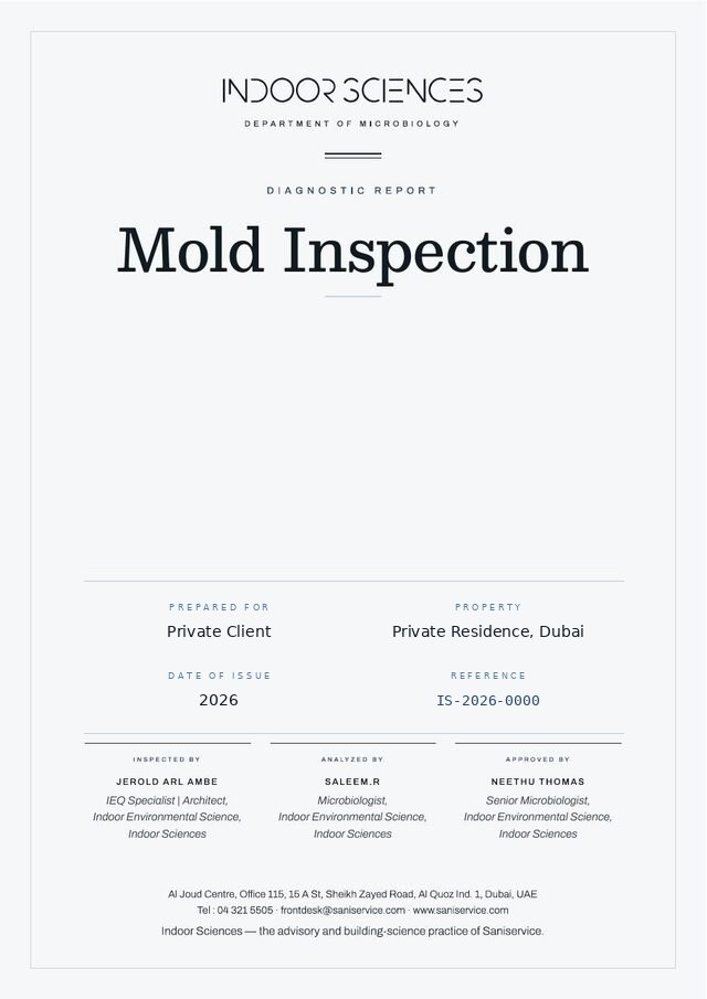 Anonymized specimen cover of an Indoor Sciences diagnostic report