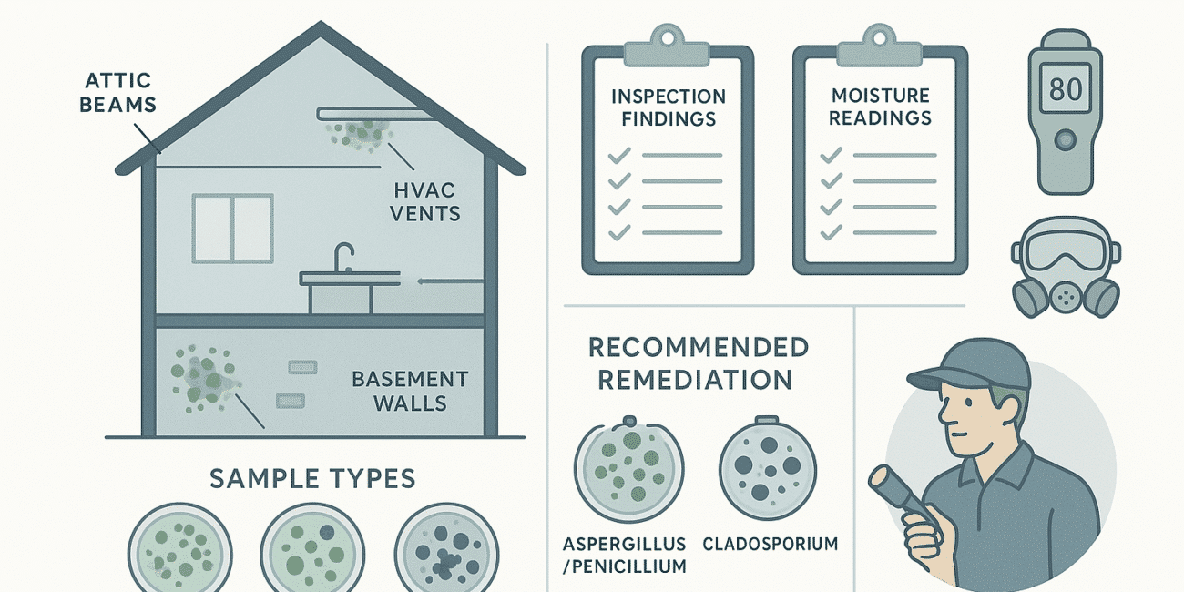 Infographic breaking down a mold inspection report: labeled house cross-section showing mold hotspots, petri dishes with spore types, checklists for findings, moisture levels, and actions, plus icons for moisture meter, inspector, and protective gear. Clear, flat vector style with soft colors enhances readability.