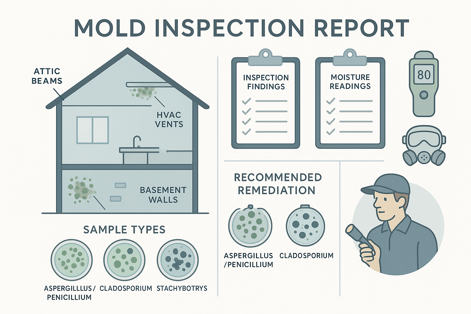 Infographic breaking down a mold inspection report: labeled house cross-section showing mold hotspots, petri dishes with spore types, checklists for findings, moisture levels, and actions, plus icons for moisture meter, inspector, and protective gear. Clear, flat vector style with soft colors enhances readability.