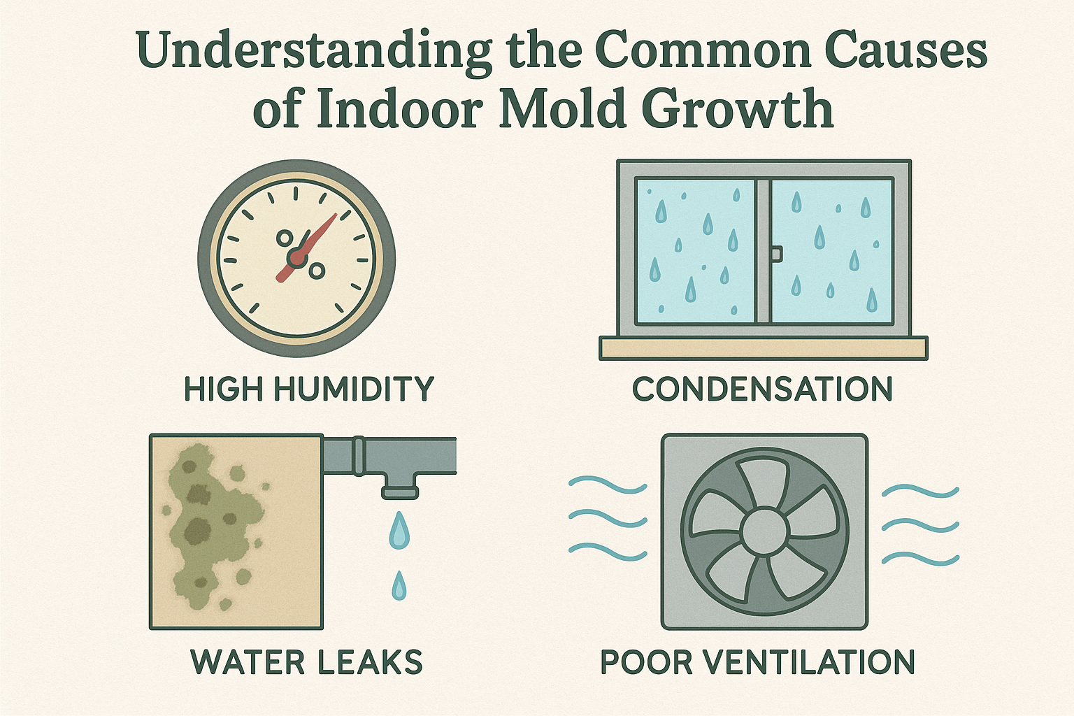 Illustration showing mold growth on damp indoor wall, with water droplets, condensation, and poor ventilation symbolizing common causes of indoor mold.