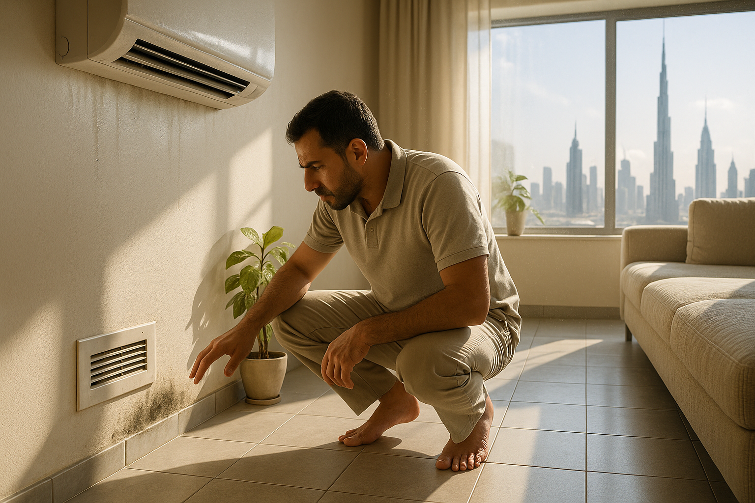 Modern Dubai home interior with a worried homeowner inspecting hidden mold near an air conditioning vent. Visible mold patch, condensation, and dust highlight humid conditions. Spacious living room features natural light, beige walls, metal fixtures, and a potted plant, illustrating mold risks in healthy homes.
