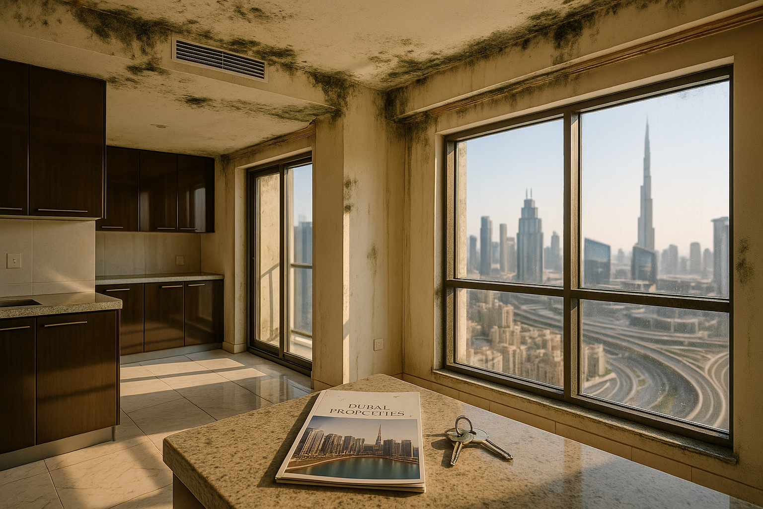 Modern Dubai apartment with mold patches on ceiling and window sills, water stains on walls, and real estate brochure with house keys flecked by mold, illustrating how mold presence lowers property value and deters buyers in high-end UAE homes.