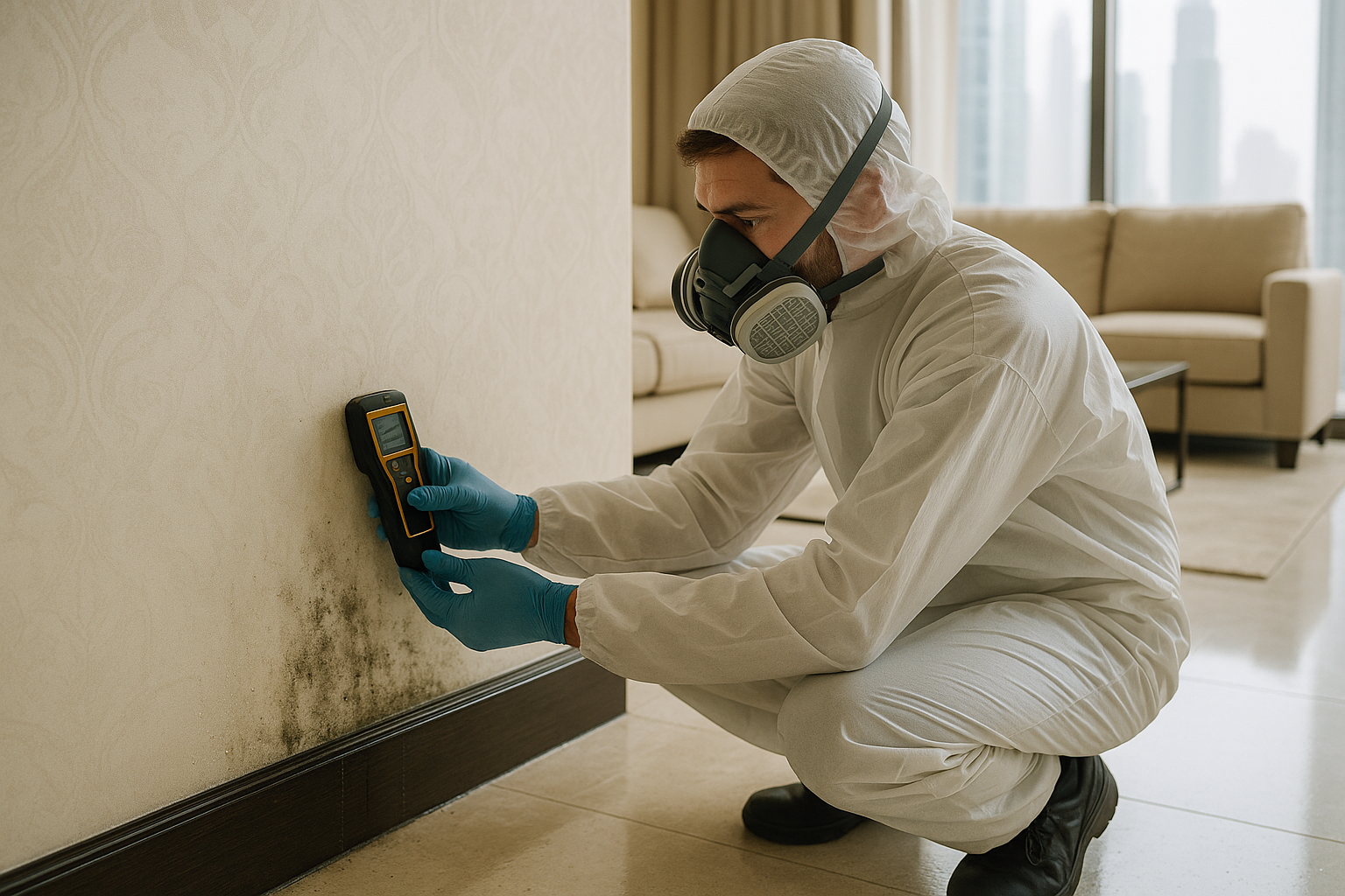Professional mold inspector examines a cream-colored wall for mold using a moisture meter in a modern Dubai home’s living room, wearing safety gear. Green-grey and black mold spots are visible near the skirting board, with elegant furnishings, sunlight, and heat haze completing the scene.