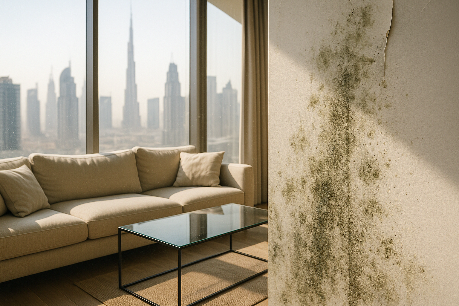 Modern Dubai living room with light sofa, glass table, and floor-to-ceiling windows, featuring faint mold patches, greenish-gray discoloration, and water stains on a white wall. Sunlight reveals the mold’s presence, emphasizing the importance of mold detection in upscale homes.
