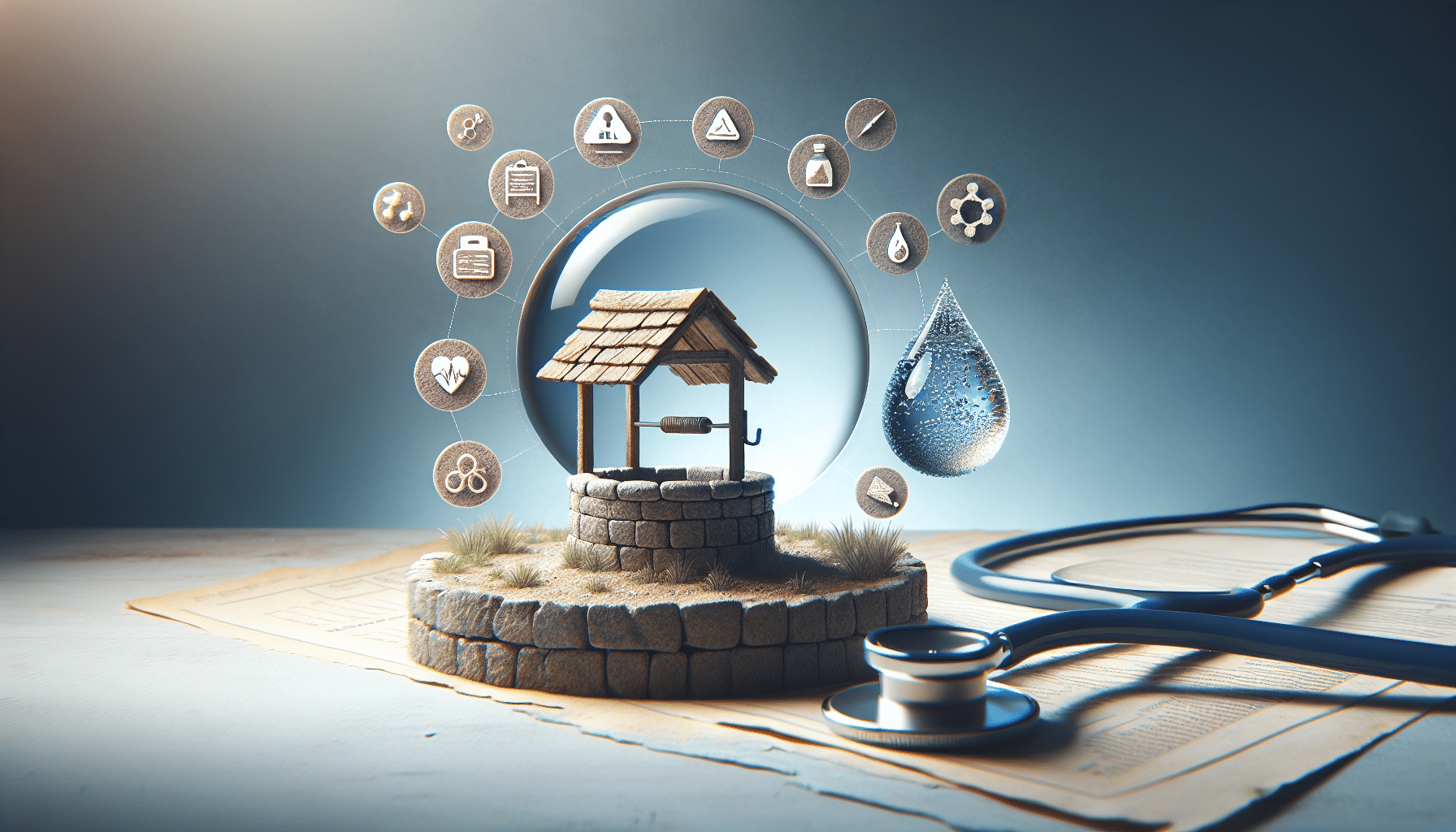 A close-up image of clear well water flowing into a glass with icons representing various contaminants like bacteria, nitrates, arsenic, and minerals, illustrating their impact on health.