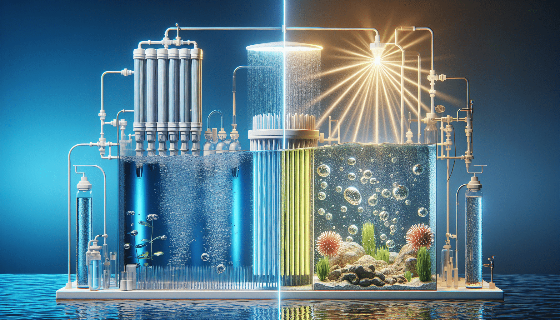 Comparative illustration showing reverse osmosis membrane filtering dissolved solids and UV light disinfection eliminating bacteria in well water purification systems.