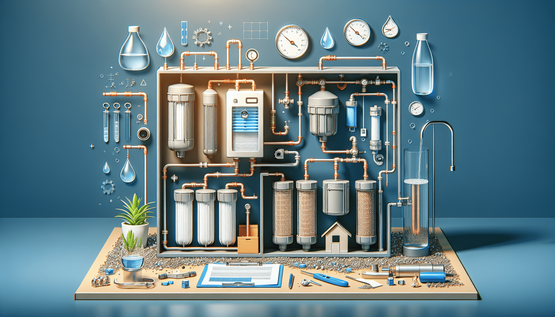 Water filtration system installed under a residential kitchen sink in a modern UAE home, showing filter housings and piping connections ready for maintenance.