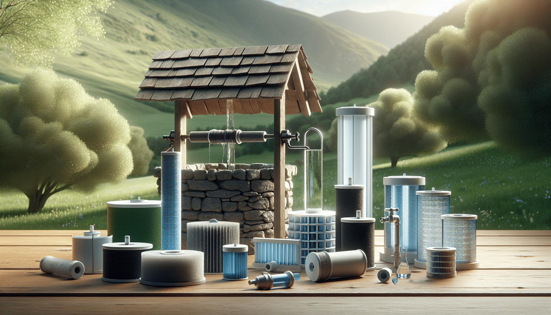 A high-quality whole house water filtration system installed for a residential well water supply in a modern villa setting, with piping and filtration tanks visible.