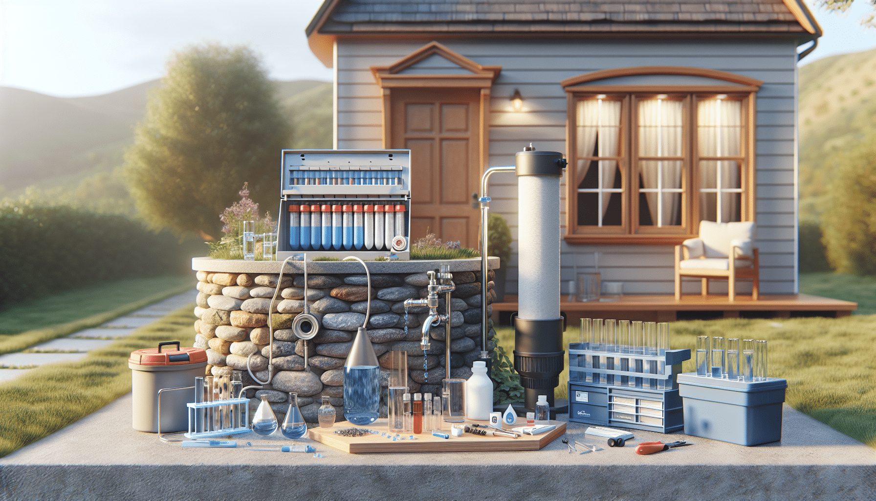 Image showing a modern whole-house water filtration system installed for well water hardness and iron removal in a residential setting