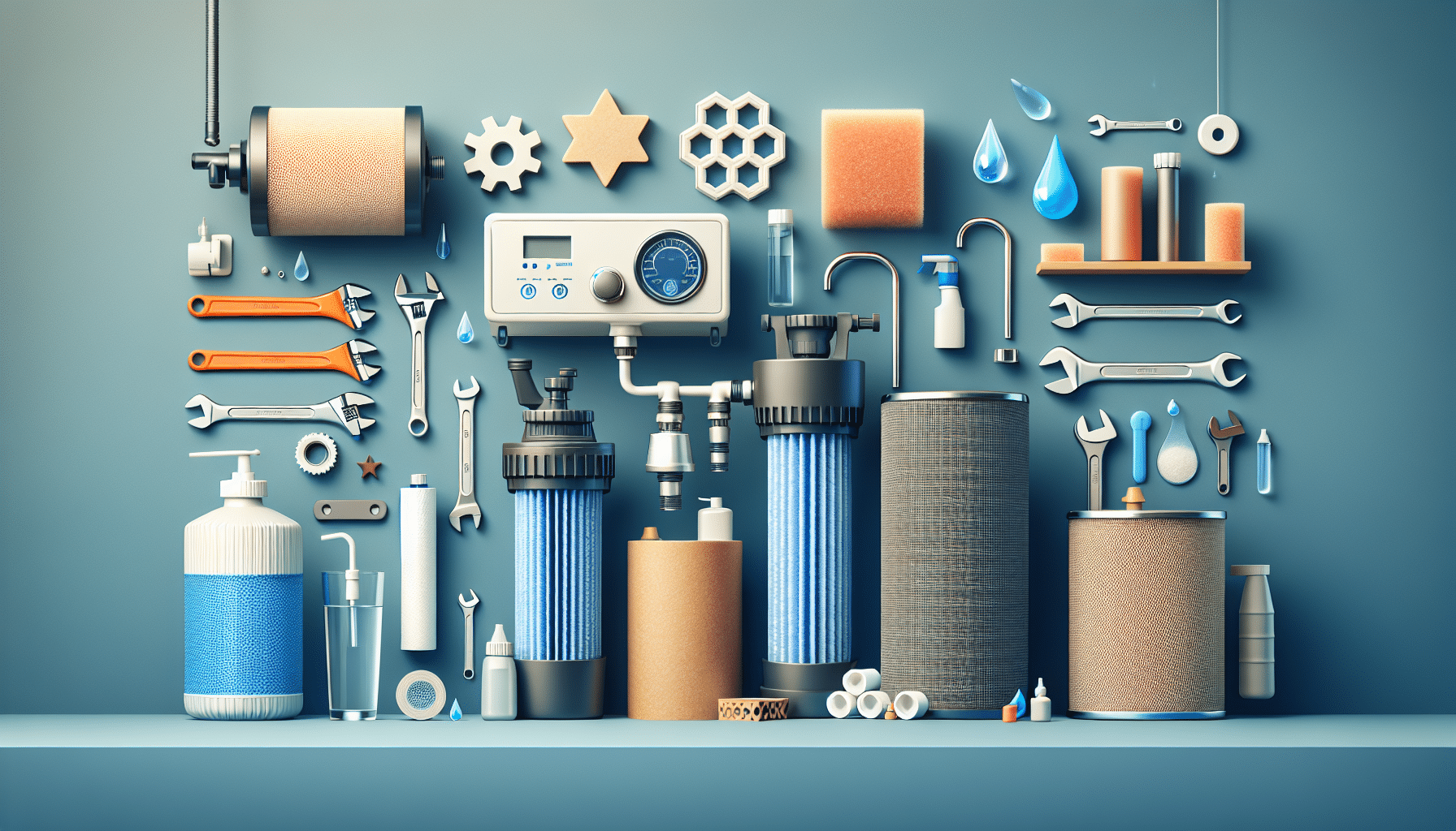 Close-up image of a homeowner replacing a sediment filter cartridge in a well water filtration system, showing clean hands handling the filter housing and tools.