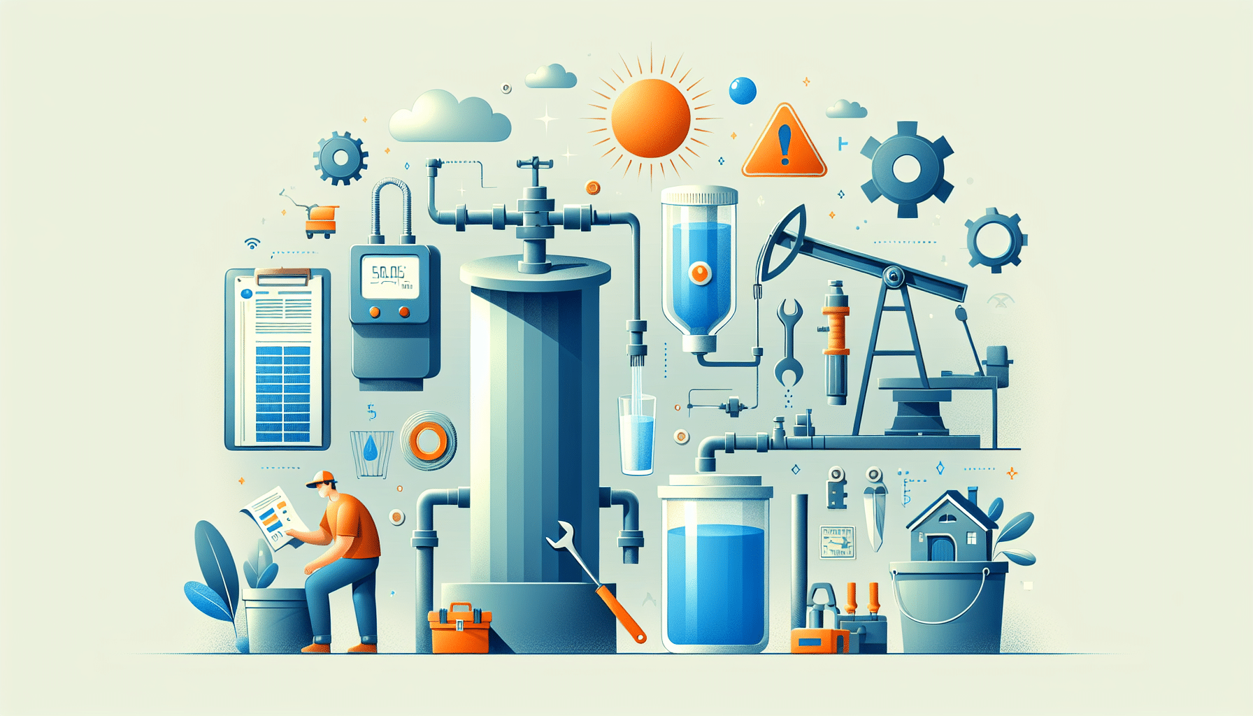 Illustration of various types of well water filtration systems alongside cost breakdown charts and installation schematics for residential properties in Gulf climates.