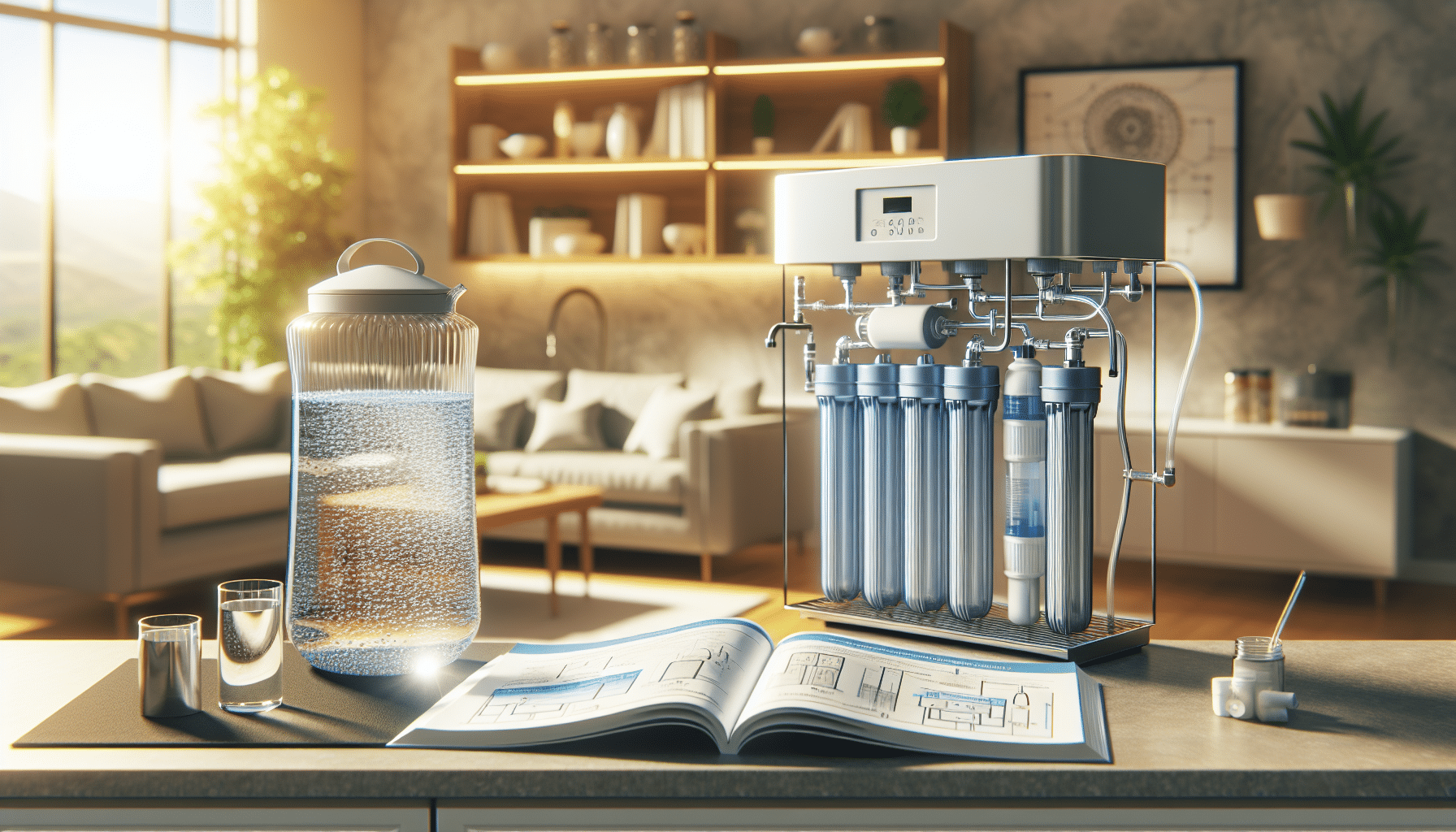 Water filtration system components installed in a modern home plumbing setup, including sediment filter, activated carbon filter, and reverse osmosis unit.