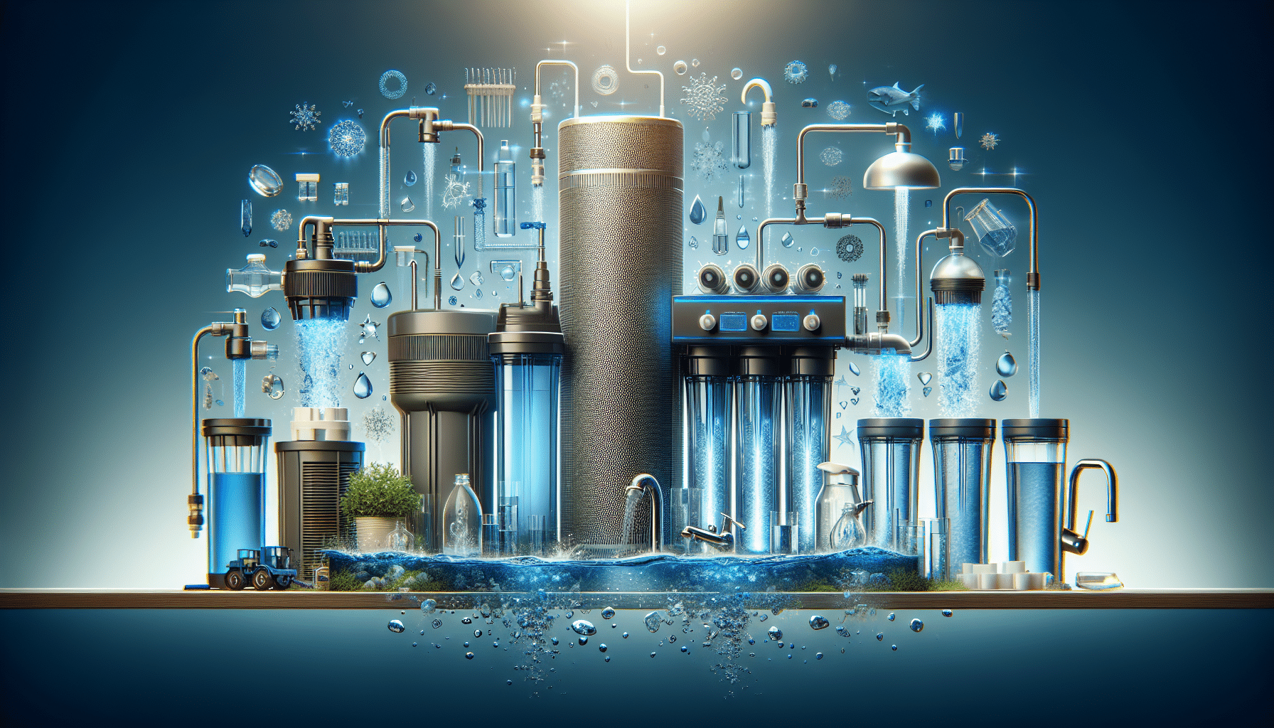 Diagram showing various home water filtration technologies including activated carbon filters, reverse osmosis systems, UV purifiers, sediment filters, and water softeners with pros and cons.