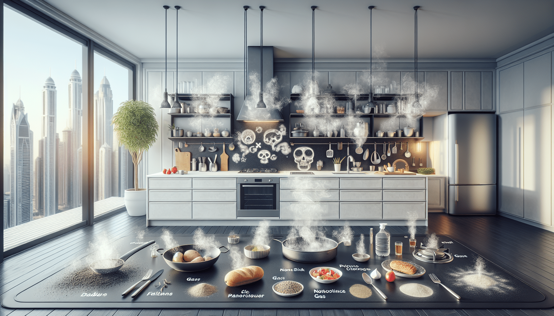 5 Common Cooking Pollutants Affecting Dubai Homes and Health - Diagram of PM2.5, VOCs, CO, NO2, moisture from frying spices in UAE kitchen (98 chars)
