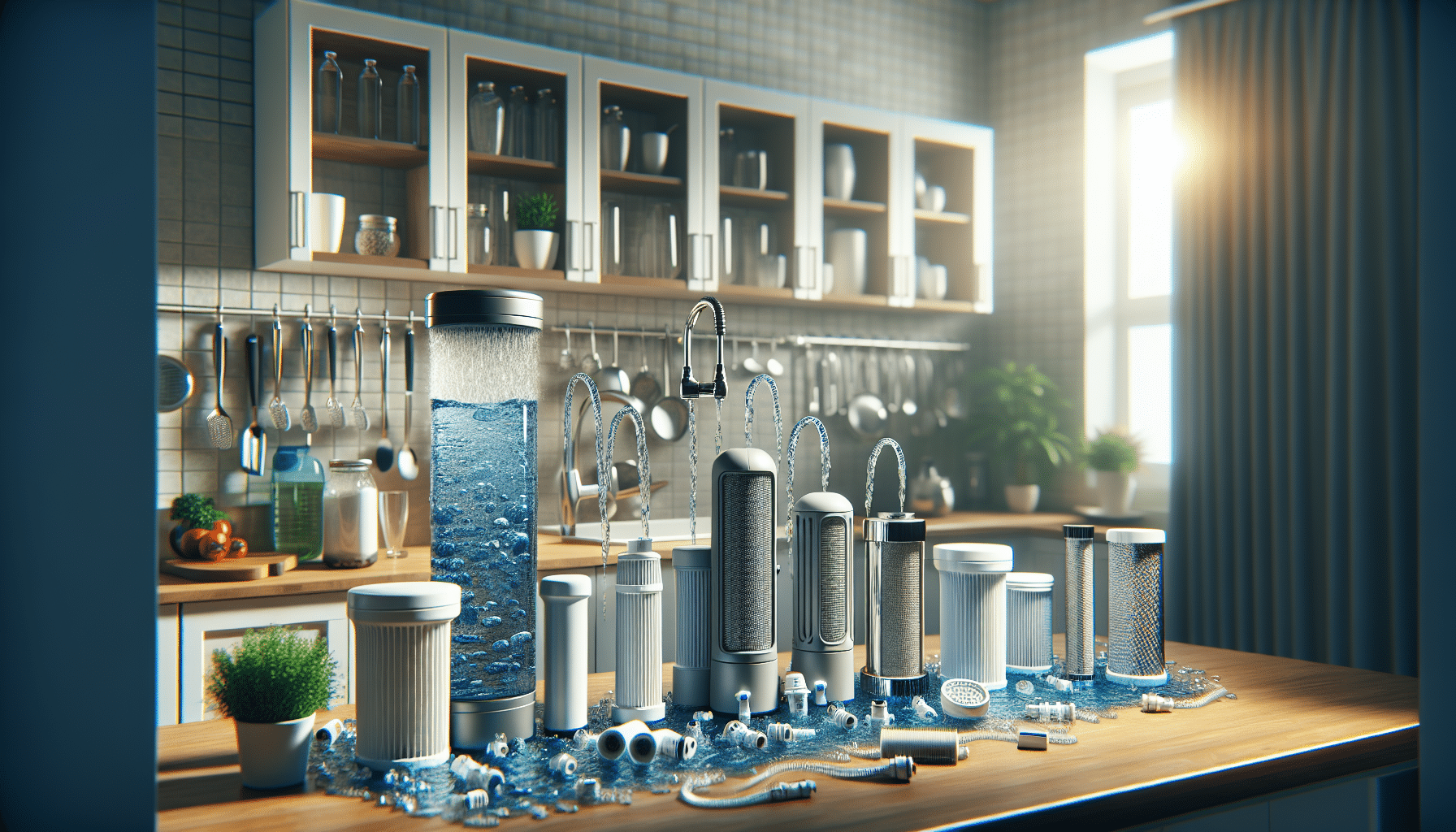 Diagram showing cost ranges and lifespan of popular water filtration systems for residential homes in the UAE, including whole-house, reverse osmosis, activated carbon, and UV filtration.