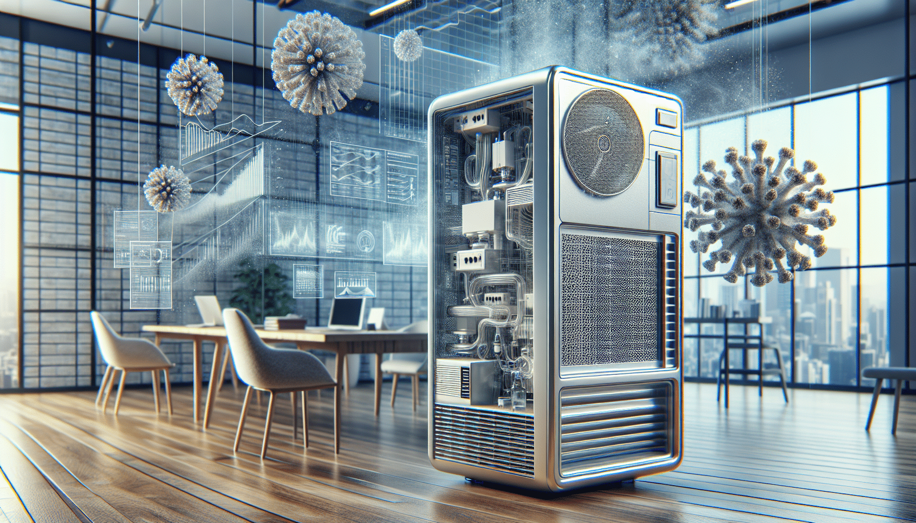 Professional conducting Quantitative Methods for Indoor Air Risk Assessment: Sampling, Modelling, and Exposure Metrics in a Dubai villa using air monitors and modelling software on a laptop.