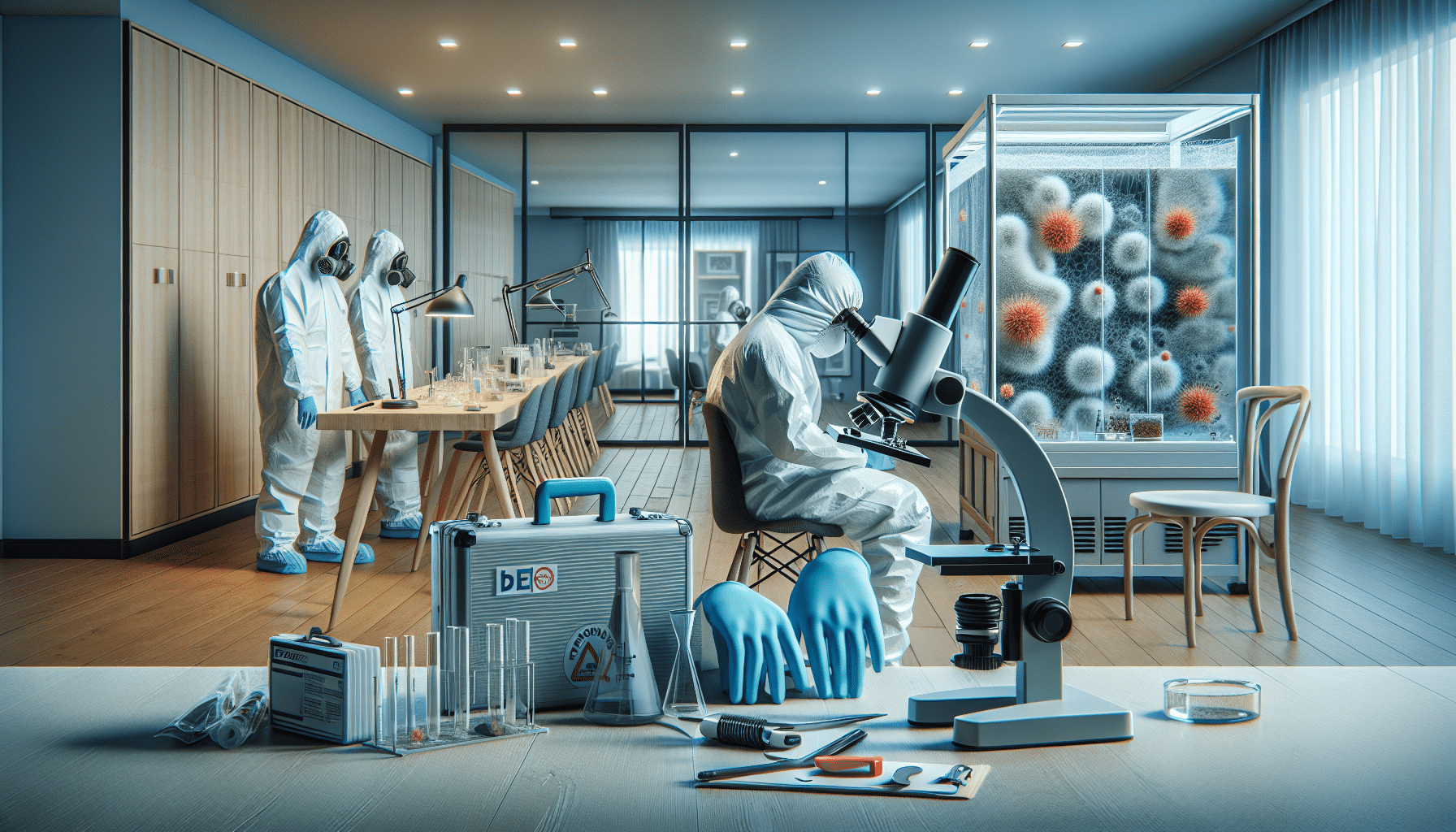 Choosing Containment and PPE Strategies for Different Mold Scenarios - Technicians in PAPR suits installing negative air containment in Dubai villa HVAC room