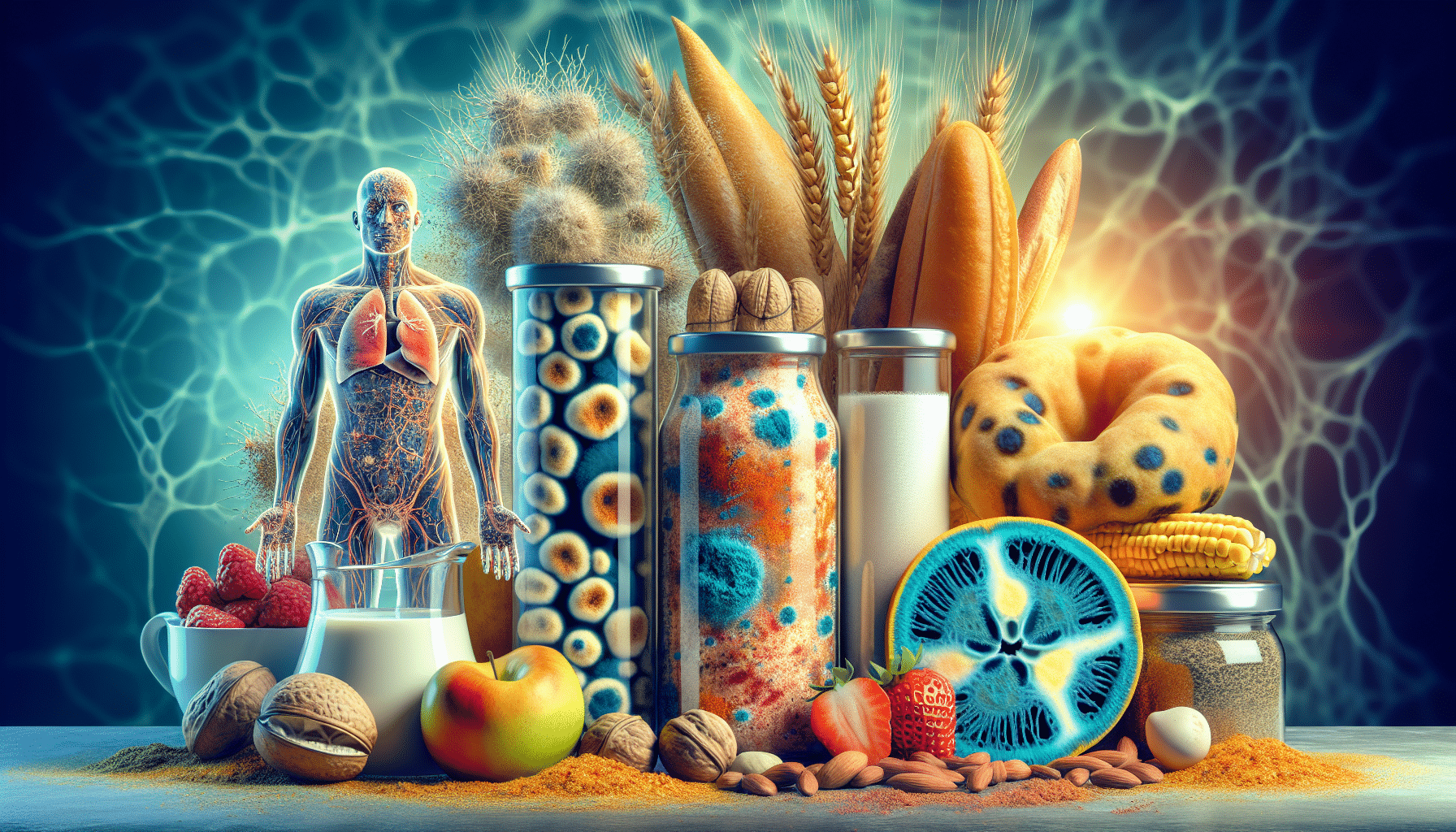 How Mycotoxin Contamination in Food Impacts Human Health - Microscopic view of fungal spores on grains showing toxic risk (98 characters)