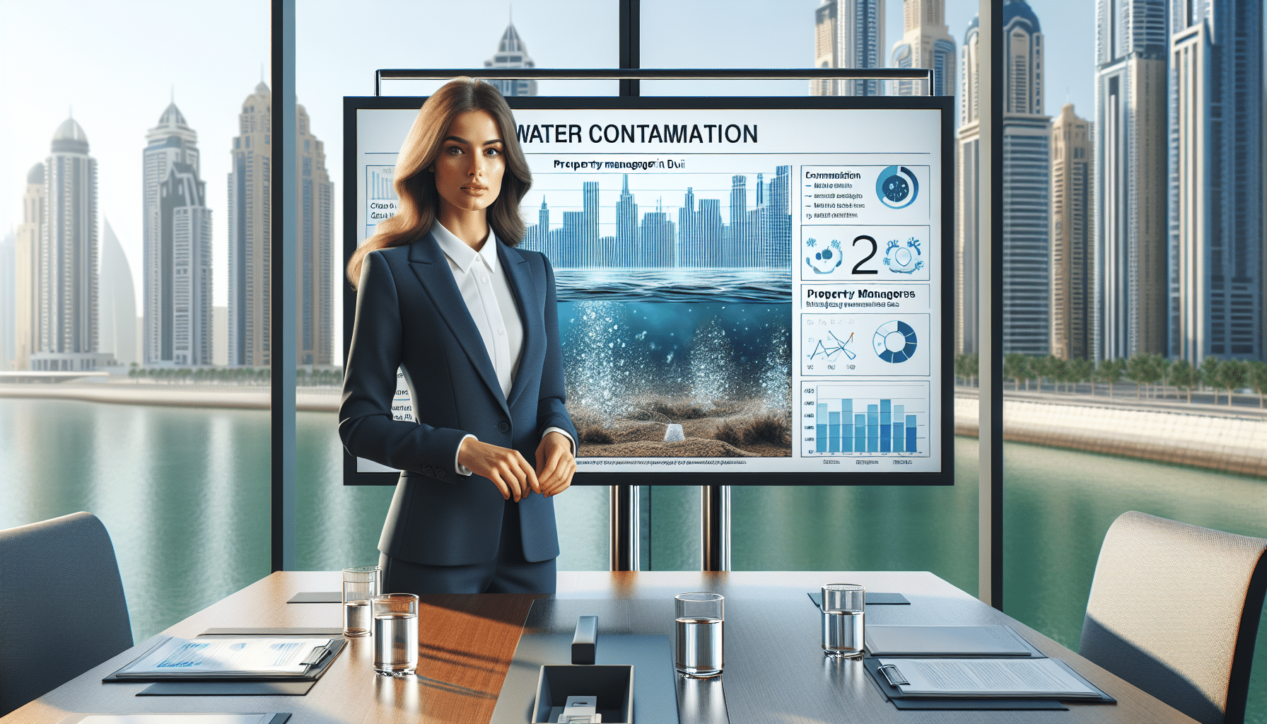Presenting Water Contamination Findings to Dubai Property Managers - Infographic showing E. coli levels vs. DM limits in villa tank report (98 characters)