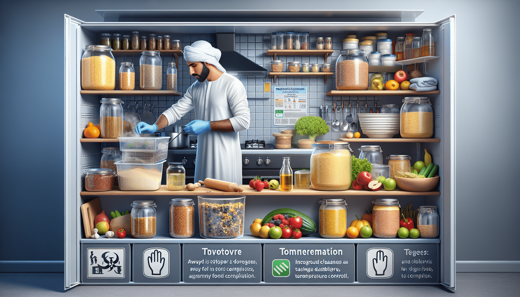 Preventing Mycotoxin Contamination in Food Storage and Cooking - Sealed containers drying grains in humid UAE pantry with dehumidifier and thermometer (98 chars)