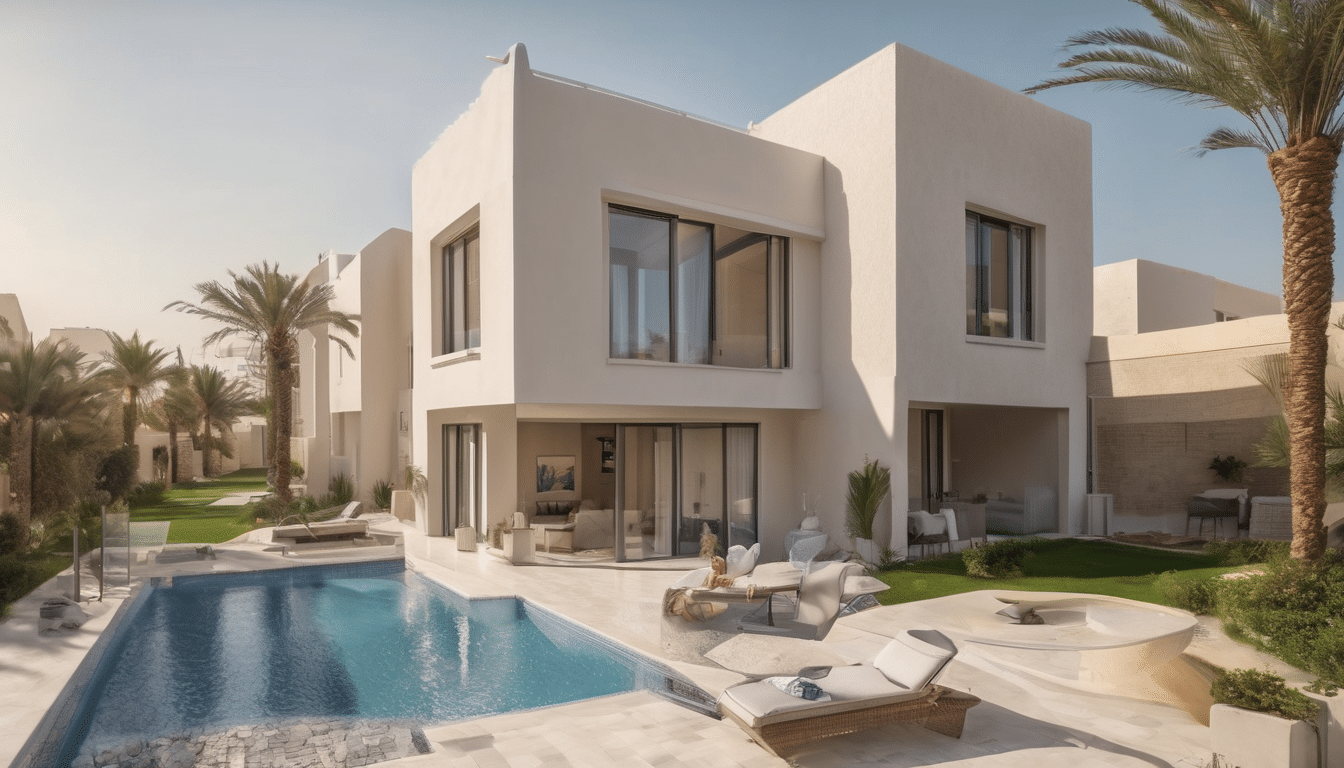 Radon Gas Testing and Mitigation in Dubai Villas - Comprehensive Guide for Indoor Air Quality - Image description: A modern villa with a green landscape and a focus on the interior where radon gas levels are being tested.