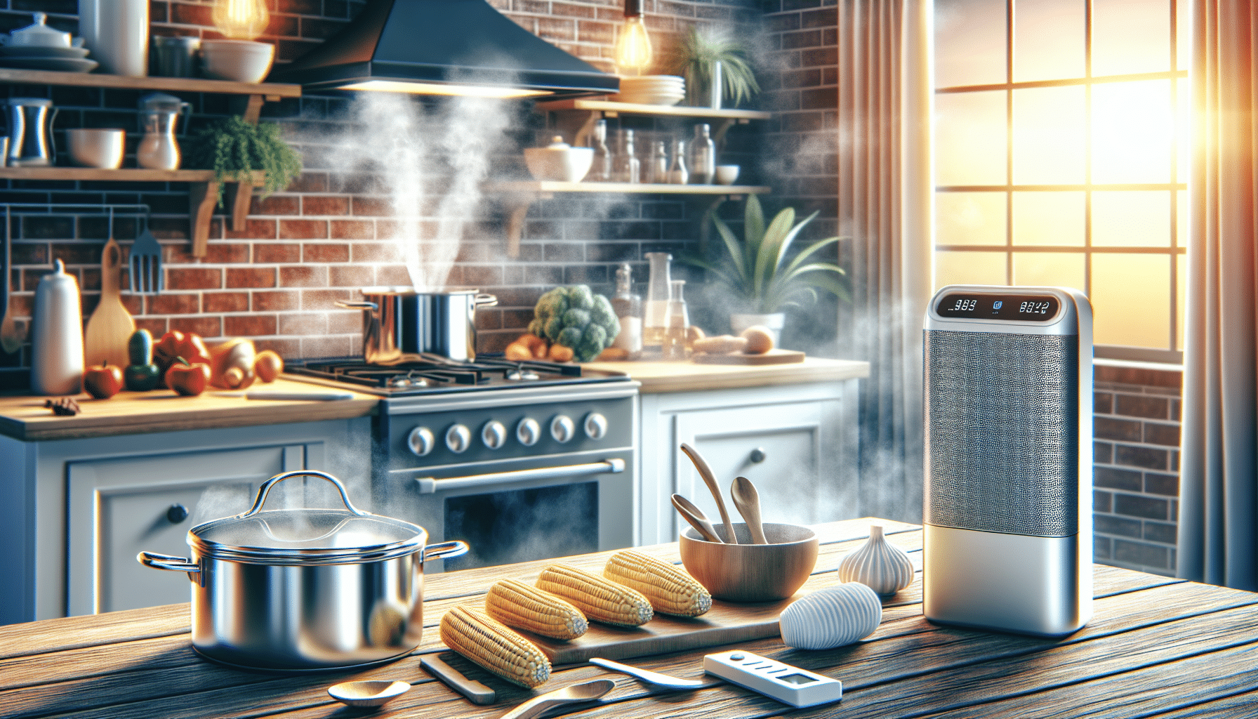 The impacts of cooking and indoor air quality assessment in the UAE - Kitchen with gas stove emitting visible steam and particles during frying in a Dubai villa