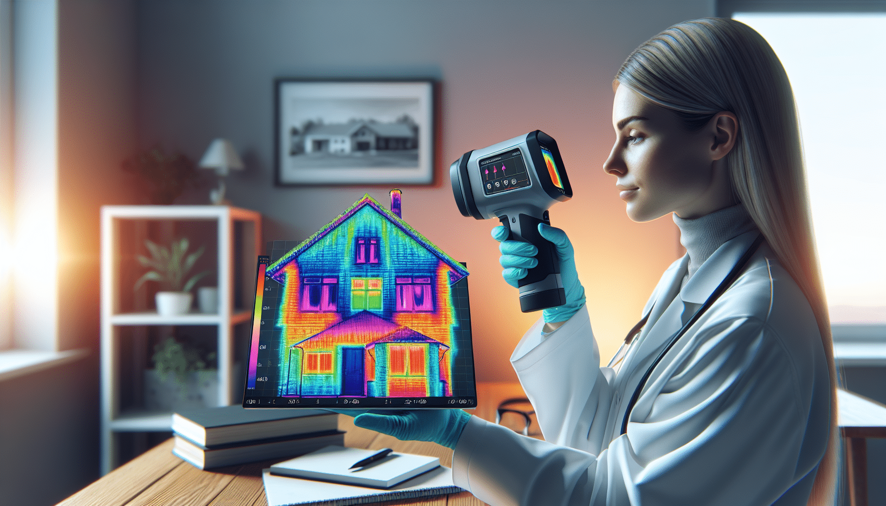 A thermal imaging camera displaying varying temperatures within a home, highlighting potential problem areas for environmental health assessments.