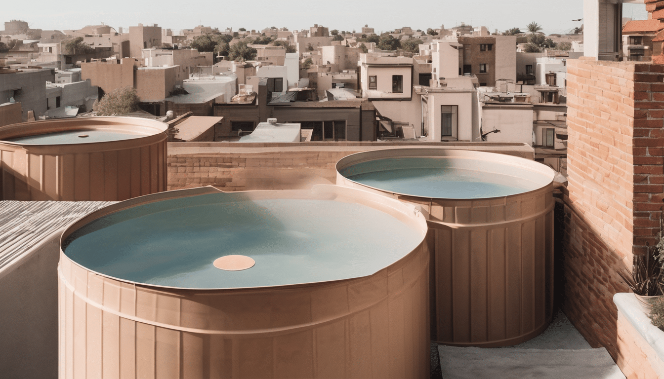What Rooftop Water Tanks Accumulate Over Time - cross-section diagram of Dubai rooftop tank showing sediment, biofilm, and contamination layers